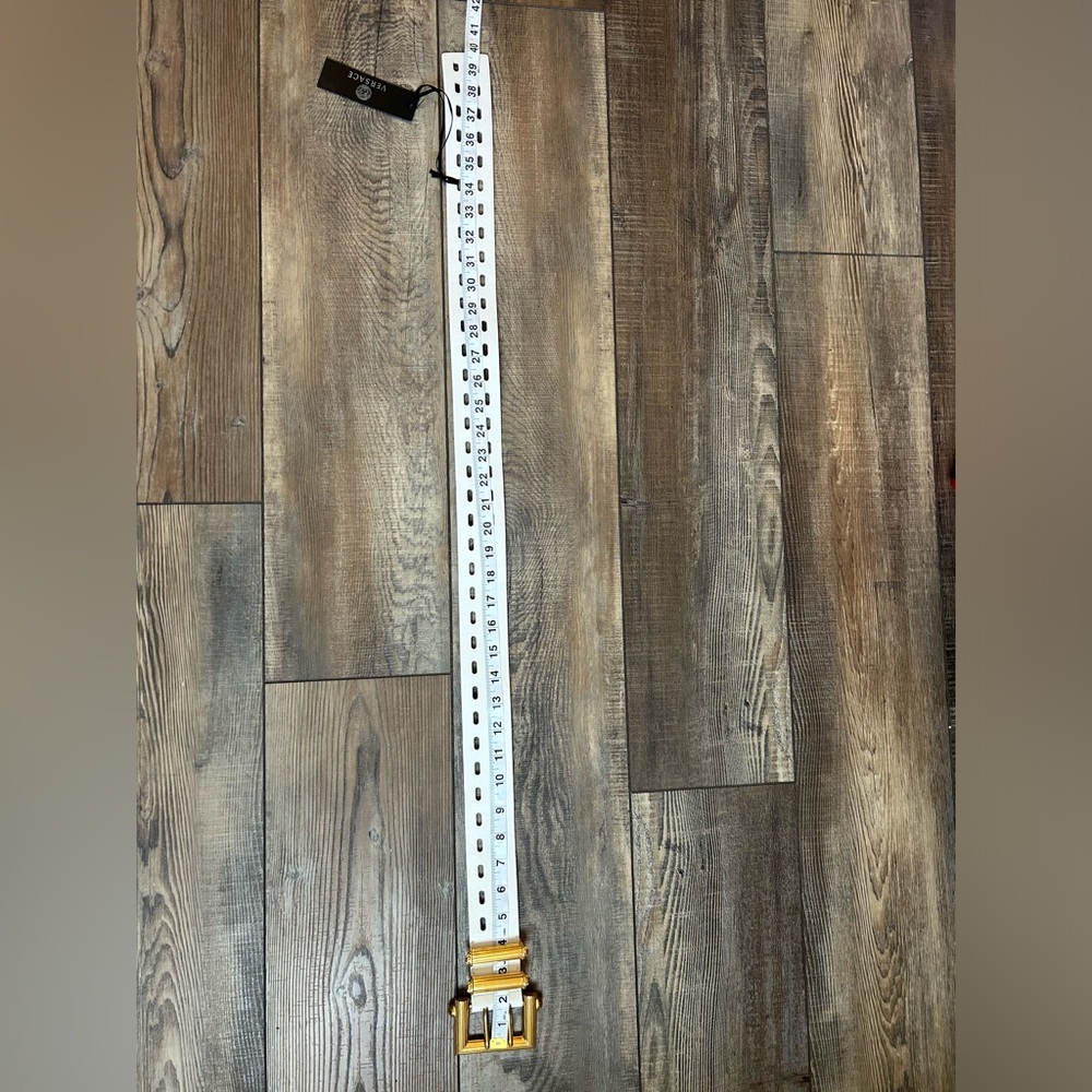 VERSACE Gold Square Buckle Leather Belt White Three Prong NWT Bag Size 85/34 - Picture 12 of 13